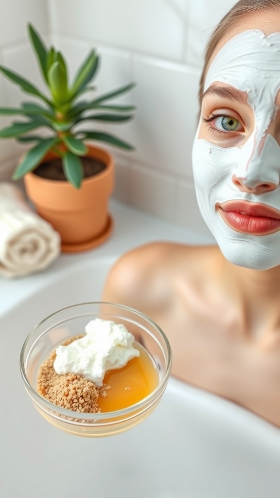A model applying a yeast face mask in a serene bathroom setting.